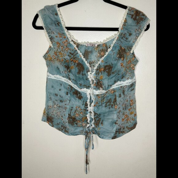 RUBY Vintage Flirty Romantic Turquoise Floral Lace-up Blouse V-Neck size SMALL - Picture 1 of 3